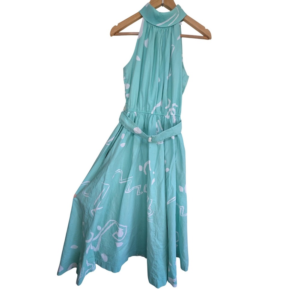 Lanz Originals Vintage Halter Midi Dress Womens 6 Mint Green Abstract Cotton